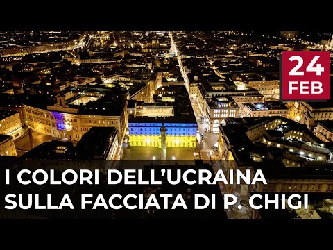 Palazzo Chigi illuminato con i colori della bandiera dell’Ucraina