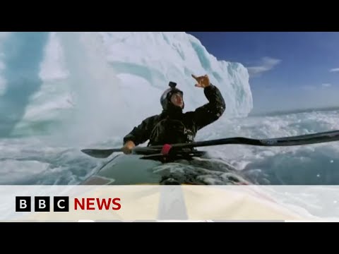 Kayaker’s breathtaking 20m drop down ice waterfall in Norway | BBC News